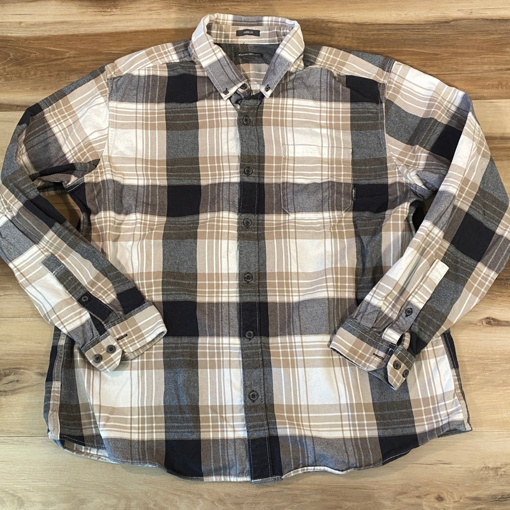 Eddie Bauer Mens XL Flannel Shirt Classic Fit Plaid Cotton Long Sleeve Black Tan